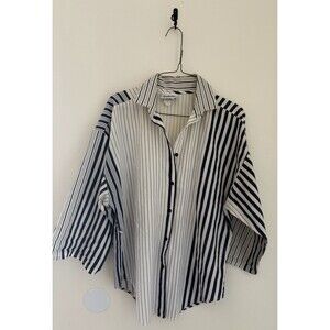 Vintage 80s Federico Lightweight Cotton Button Down Mixed Print Navy Strip Shirt